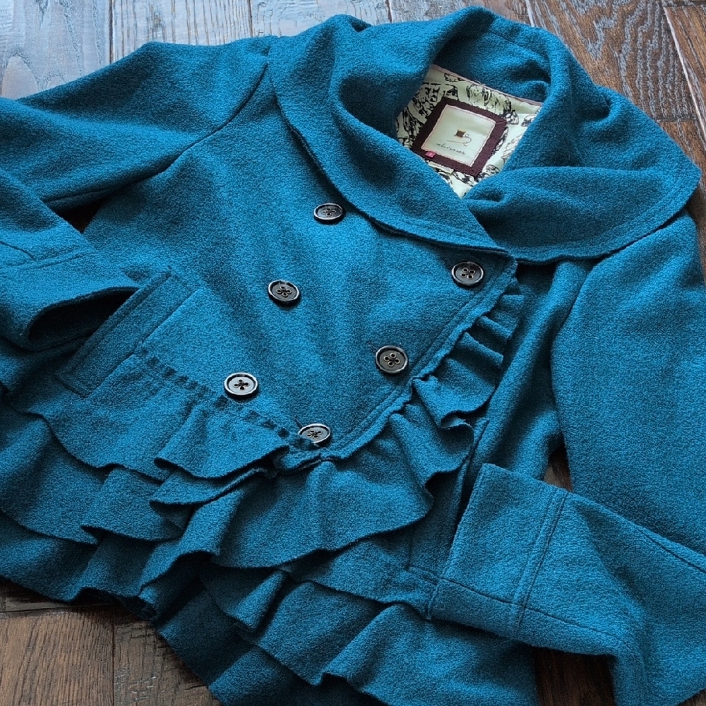 ANTHRO I VTG Peacock Teal Blue Frilled Ruffled Echelons Pea Coat by Elevenses, 8